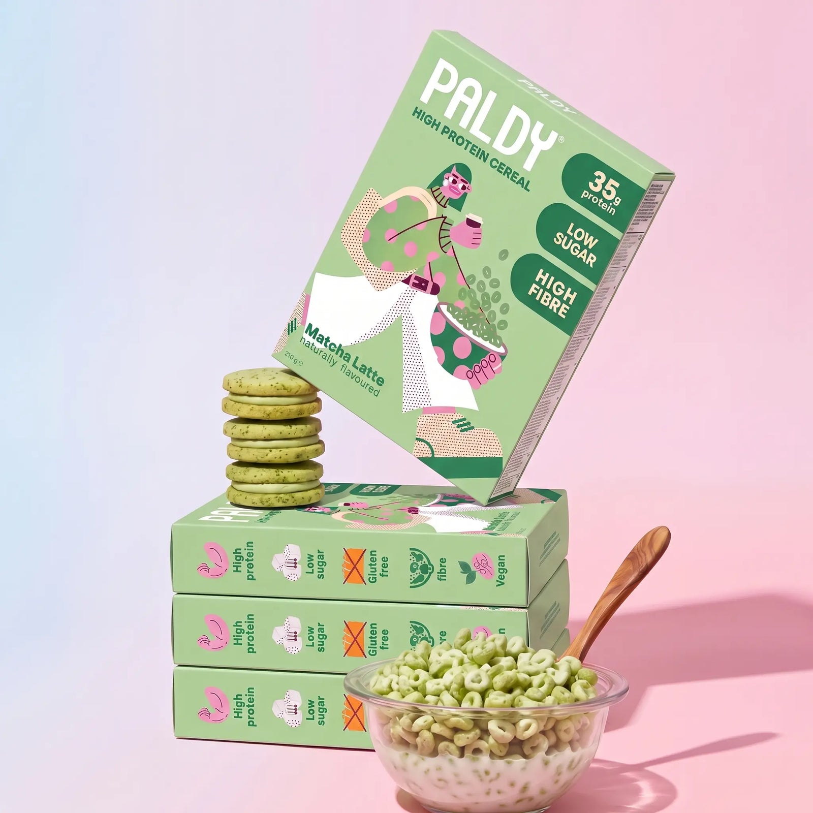 Paldy Matcha Latte proteinreiche Cerealien, Schale und Box