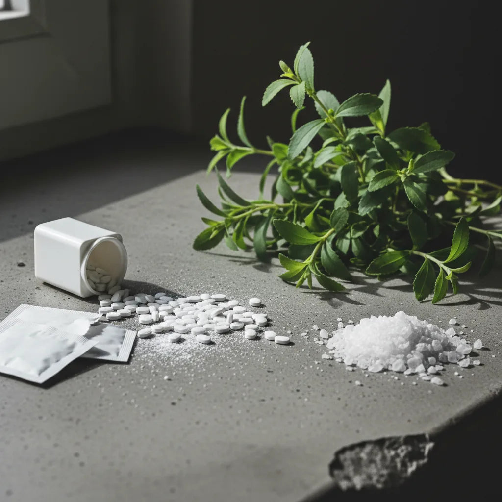 Frische Steviazweige neben verschütteten Süßstofftabletten und Erythrit-Kristallen