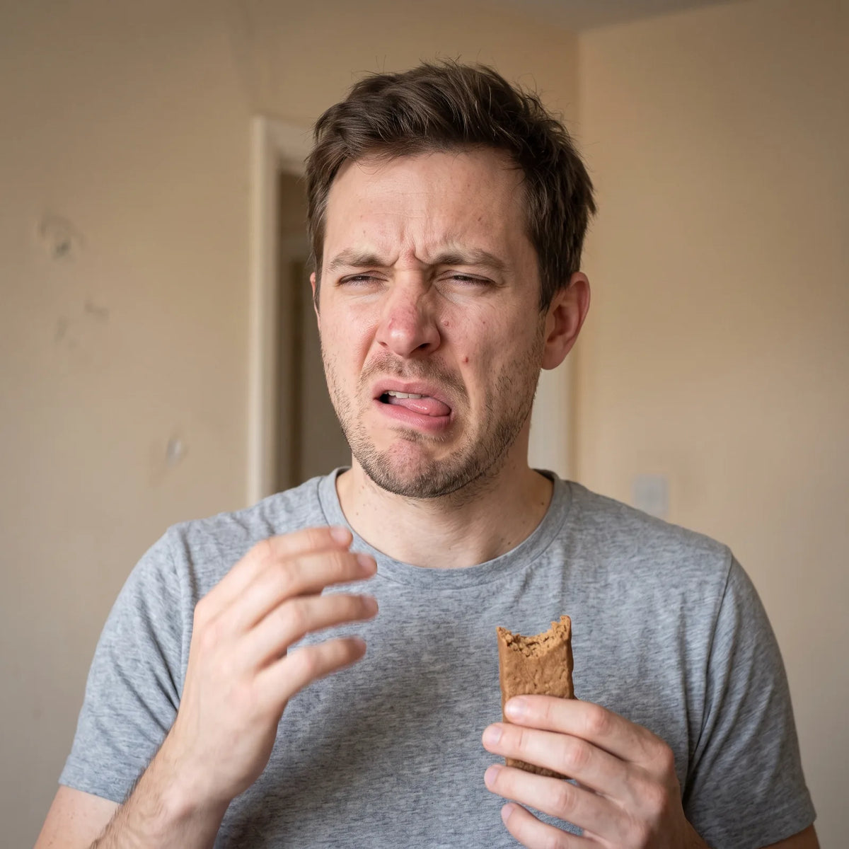 Mann verzieht das Gesicht, nachdem er in einen kreidigen Proteinriegel gebissen hat
