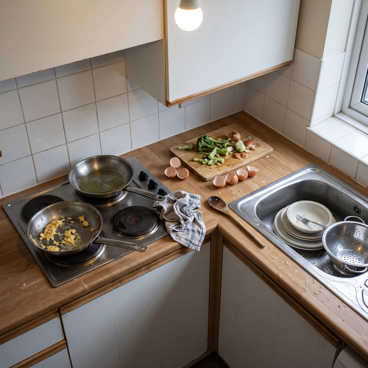 Unordentliche Küche mit schmutzigen Pfannen, Eierschalen und einem Spülbecken voller Geschirr nach dem Kochen