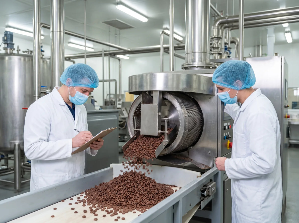 Food technologists inspecting Paldy cereal coming off the coating drum in the production plant